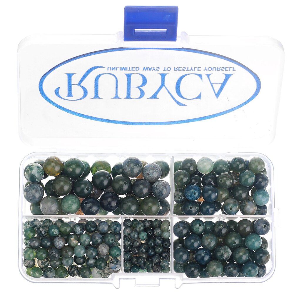 2779 Natural Moss Agate Gemstone Round Loose Bead Organizer Plastic Box